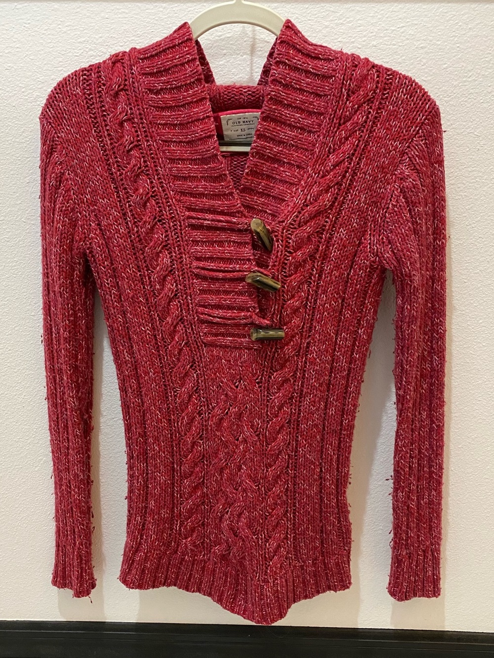 🆕Old Navy Ladies Red Hooded Pullover Cable Knit Sweater - XS